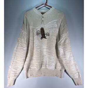VTG Embroidered Flying Eagle Over Mountains Pullover Beige Sweater Sz L USA Made